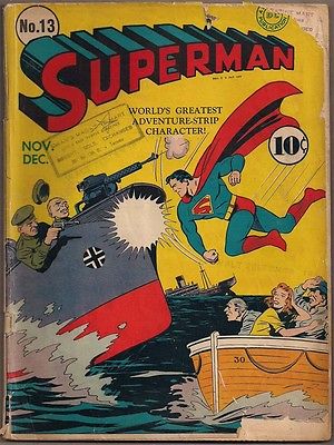 SUPERMAN #13 DC NOV/DEC 1941 WWII ACTION COVER EARLY LUTHOR JIMMY OLSEN APP GOOD